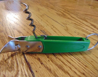 Vintage "Ecko" Can & Bottle Opener With Corkscrew, Green With Hook, Made In U.S.A., 1970's-Ecko Can Opener-Ecko Bottle Opener-1970's Barware