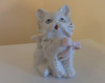 Vintage 1950&#39;s China Cat With Pink Bow, Made In Japan - Vintage Cat Figurines - 1950&#39;s Cat Figurine - Made In Japan Figurines - Cat Decor