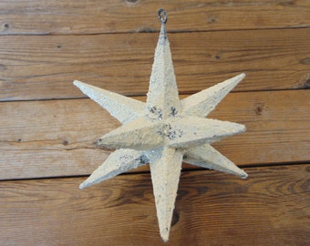 Vintage 1950's Hanging Christmas Star With Loop, 12 Points,Metal,Sprayed White With Mica Flakes-1950's Christmas Star-Vintage Christmas Star