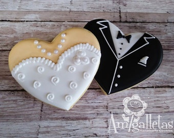 Wedding Cookies / Bride and Groom Heart Cookies - 1 dozen