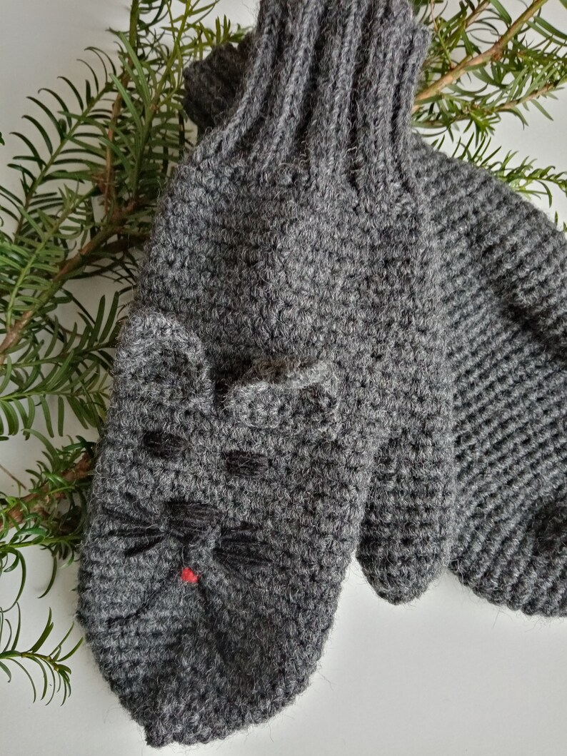 Dark Grey Cat Mittens Crochet Mittens Cat Gloves Animal Etsy