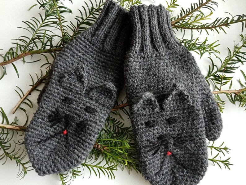 Dark Grey Cat Mittens Crochet Mittens Cat Gloves Animal Etsy