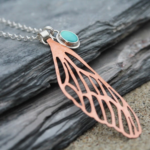 Natural Dyer Blue Turquoise Gemstone Charm Necklace, Delicate Hand Cut Copper Wing Pendant, Hand Sawn, Pierced Pendant