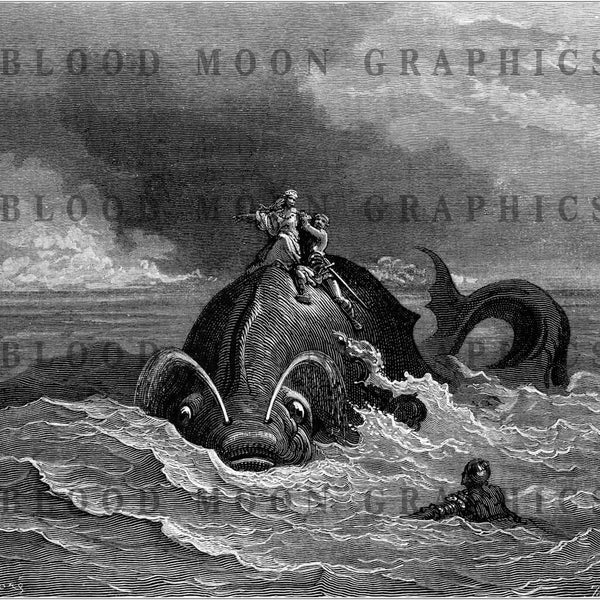 Antique 1800's Era Vintage Gustave Dore Orlando Furioso Sea Serpent Mythological Monster Printable Digital Print Monster005