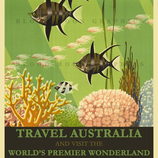 Antique 1900s Vintage Australia Great Barrier Reef Travel Advertisement Fish Scuba Diving Vacation Decor Printable Digital Print Travel005