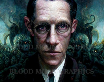 AI Art H.P. Lovecraft With Monsters Demons Cthulhu Mythos Artificial Intelligence Science Fiction Horror Printable Digital Print AI006
