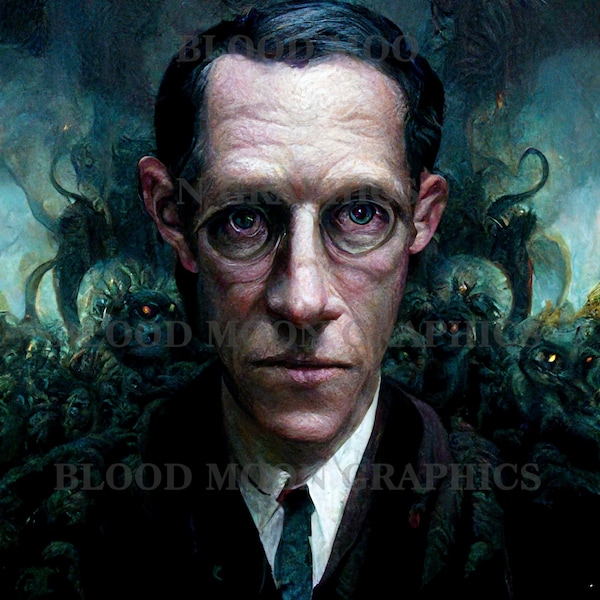 AI Art H.P. Lovecraft With Monsters Demons Cthulhu Mythos Artificial Intelligence Science Fiction Horror Printable Digital Print AI006