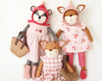 Pdf sewing pattern - Roseberry Forest Friends collection - Fox and badger animals dolls, clothes and accessories bundle