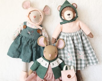 Pdf sewing pattern - Roseberry Forest Friends collection - Bear and Mouse animals dolls, clothes and accessories bundle