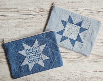 Handmade Quilted Zipper Pouch – Blueberry Woods - Sawtooth Star Patchwork – Soft Floral Cotton Cosmetic & Project Bag