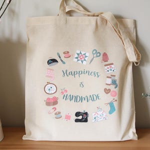 Illustrierte umweltfreundliche Baumwolltasche mit langem Henkel, skurriles Geschenk zum Nähen, Nähen und Stricken, Einkaufstasche mit Henkel