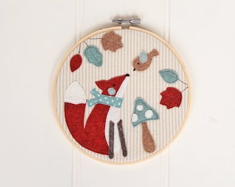 Woodland series embroidery hoop - "fox and bird in blue" - baby boy nursery bedroom wall decoration