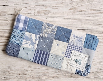 Blueberry Woods Patchwork Pouch – Quilted Handmade Pencil Case - Zipper Bag for Notions, Stationery, or Makeup - Denim, Dusty Blue and Navy