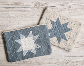 Handmade Quilted Zipper Pouch – Blueberry Woods - Sawtooth Star Patchwork – Soft Floral Cotton Cosmetic & Project Bag