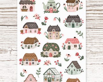 Floral Cottages - cute matte sticker sheet with little whimsical houses - journaling, planner, bullet journal, scrapbook, diary