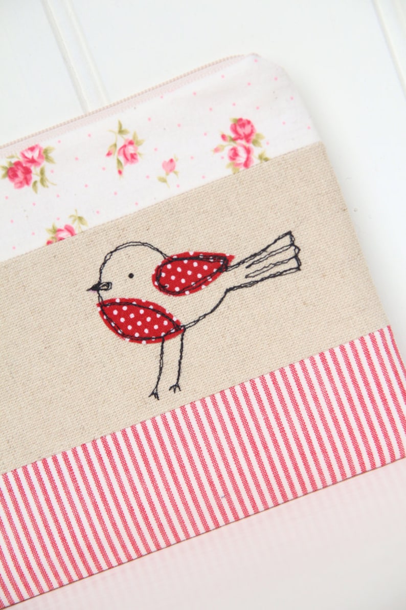 red and ecru pencil case zakka style Sweet robin bird pouch
