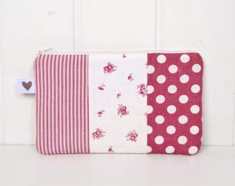 Raspberry Floral Pencil Case - Handmade Japanese Linen Patchwork Zipper Pouch