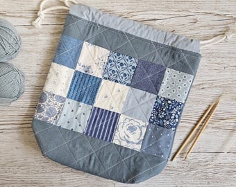 Handmade medium quilted project bag - Blueberry Woods - patchwork drawstring pouch for knitting & crochet projects - travel toiletry bag