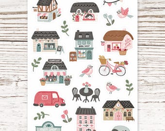 Village lane - cute matte sticker sheet with cute shops and cafes - journaling, planner, bullet journal, scrapbook, diary