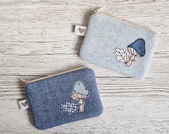Tweed Mini Zipper Pouch – Blueberry Woods – Autumn Coin Purse with Toadstool Appliqué – Small Wool Makeup or Card Pouch