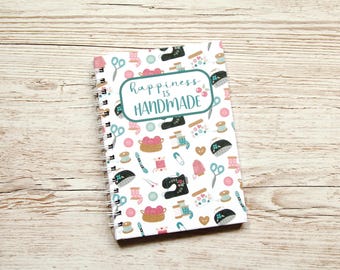 Sewing patchwork notebook - handmade whimsical stationery - cottagecore craft themed journal hardcover illustrated A5 journal for quilters