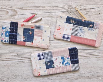 Handmade Patchwork Quilted Zipper Pouch, Knitting Crochet Notions Bag, Floral Cottagecore Pencil Case