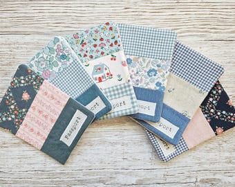 Blue and Green Patchwork Passport Cover – Floral Fabric Passport Holder in Sage & Gingham Cotton