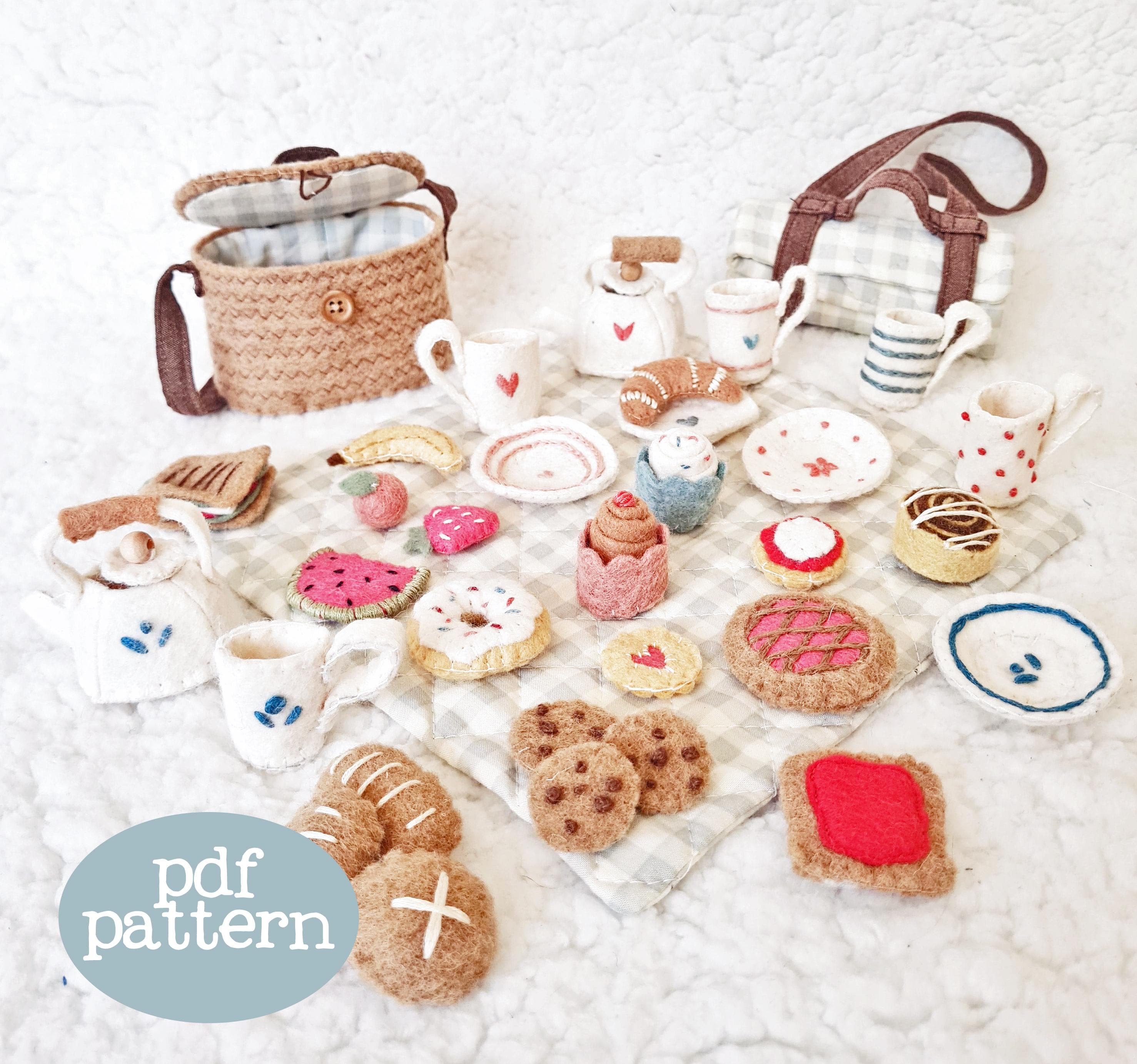 Pdf sewing pattern -Roseberry Forest Friends collection- A woodland picnic- basket, blanket, tea set and yummy food (ANIMALS NOT INCLUDED!)
