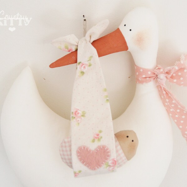 Stork softie newborn decoration - Fiocco nascita cicogna - customisable name - baby girl - pink