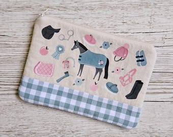 Horse riding themed handmade pouch - pony girl gift - equestrian zip bag - whimsical horse lover accessories