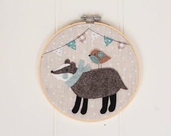 Woodland series embroidery hoop - "badger and bird" - baby boy nursery bedroom wall decoration