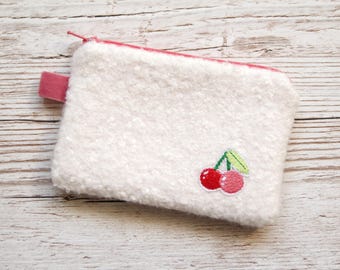 Handmade Teddy Style Mini Zip Purse with Cherry Embroidery Patch