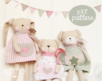 Pdf pattern - Sweet softies - a pdf pattern to make three different lovely softies: a bunny, a cat and a bear!