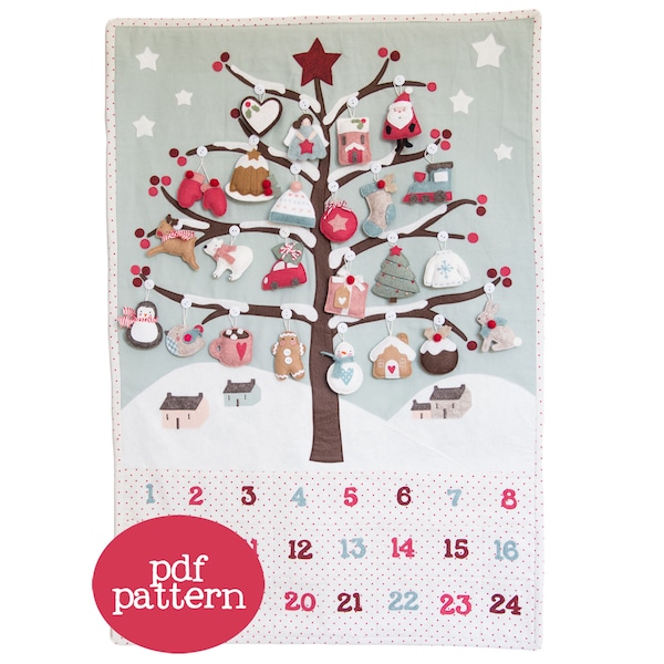 Patrón pdf (Cartamodello)- Calendario de Adviento Winter Wonderland- instrucciones para hacer un panel invernal y 24 adornos navideños (unidades MÉTRICAS)