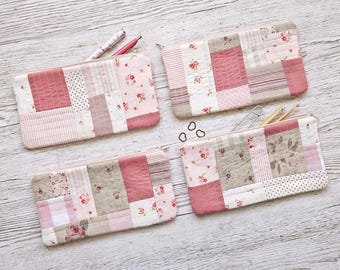 Handmade Patchwork Quilted Zipper Pouch, Knitting Crochet Notions Bag, Floral Cottagecore Pencil Case