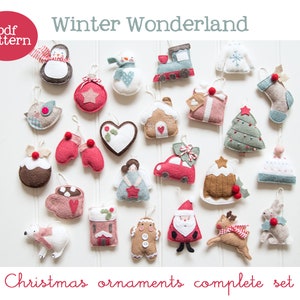 Pdf pattern (Cartamodello) - Winter Wonderland Christmas ornaments set - includes instructions to make 24 felt Christmas ornaments