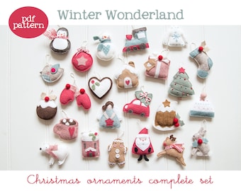 Pdf pattern (Cartamodello) - Winter Wonderland Christmas ornaments set - includes instructions to make 24 felt Christmas ornaments