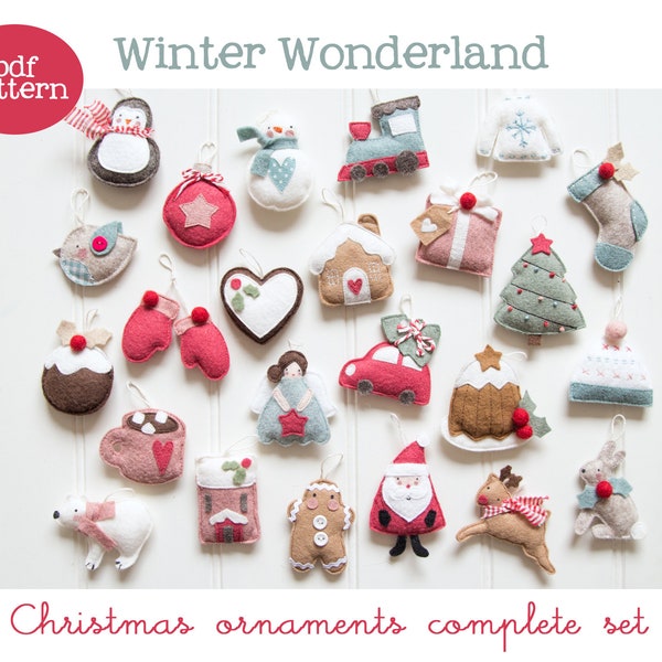 Patron pdf (Cartamodello) - Ensemble de décorations de Noël Winter Wonderland - comprend des instructions pour fabriquer 24 décorations de Noël en feutre
