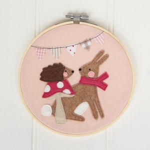 Woodland series embroidery hoop - "bunny and hedgehog" - baby girl nursery bedroom wall decoration