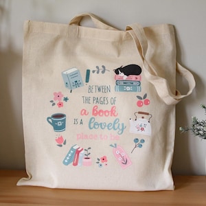 Illustrierte umweltfreundliche Baumwoll Tasche - langer Henkel - süße Illustrationen für Bücherlieb - Geschenk für Bücherlieber - blau pink