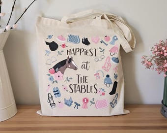 Happiest at the Stables - illustrated horse riding tote bag - cute equestrian cotton shopper - pony girl gift