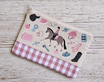 Horse riding themed handmade pouch - pony girl gift - equestrian zip bag - whimsical horse lover accessories