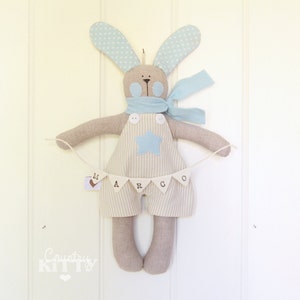 Bunny with bunting - baby boy nursery - newborn decoration - customised name - fiocco nascita coniglietto con bandierine per bimbo