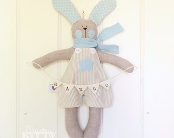 Bunny with bunting - baby boy nursery - newborn decoration - customised name - fiocco nascita coniglietto con bandierine per bimbo