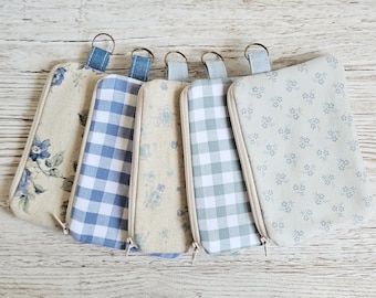 Denim Dusty Blue Zip Coin Purse - Cute Small Fabric Pouch with Ring - Handmade Card Holder - Whimsical Floral Mini Wallet