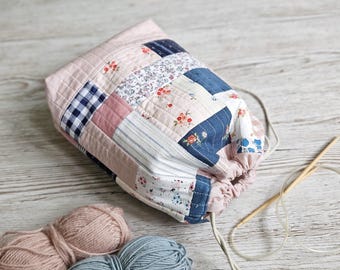 Handmade patchwork quilted drawstring knitting crochet embroidery project bag - cosmetic case - floral dots stripes gingham