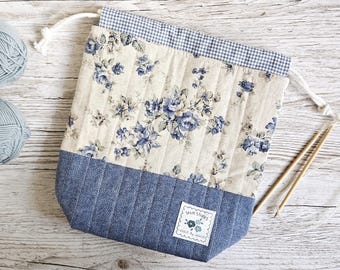 Handmade quilted drawstring knitting crochet embroidery craft project bag - cosmetic case - blue vintage floral linen and tweed