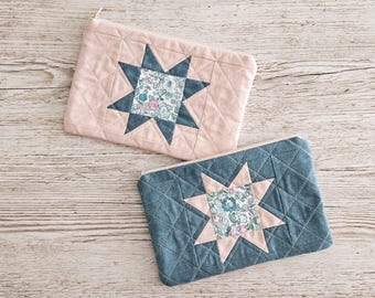 Handmade Quilted Zipper Pouch – Sawtooth Star Patchwork – Soft Floral Cotton Cosmetic & Project Bag