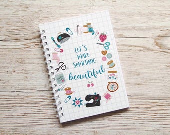Sewing patchwork notebook - handmade whimsical stationery - cottagecore craft themed journal hardcover illustrated A5 journal for quilters