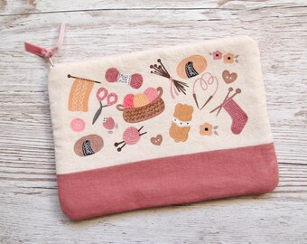 Handmade cute zippered pouch - knitter purse - project bag - knitting notions bag - cute whimsical knitting yarn illustration - knitter gift